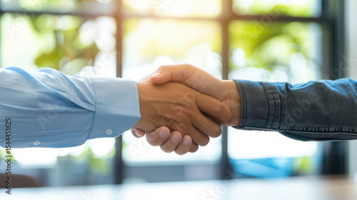 Two business professionals shaking hands in a modern office