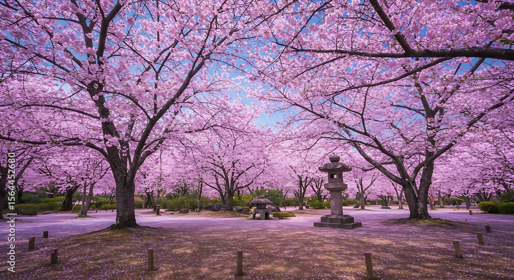 Obraz premium Lush cherry blossoms blanket a park.