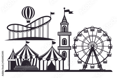 Black and White Amusement Park Illustration Rollercoaster Ferris Wheel Circus Tents Hot Air Balloon