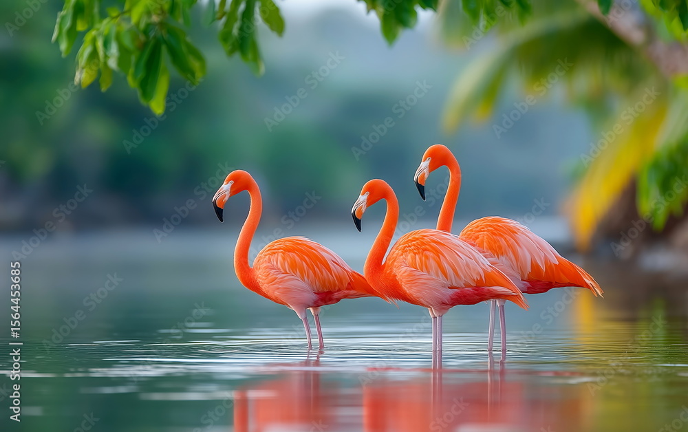Fototapeta premium Three pink flamingos wading in calm tropical water