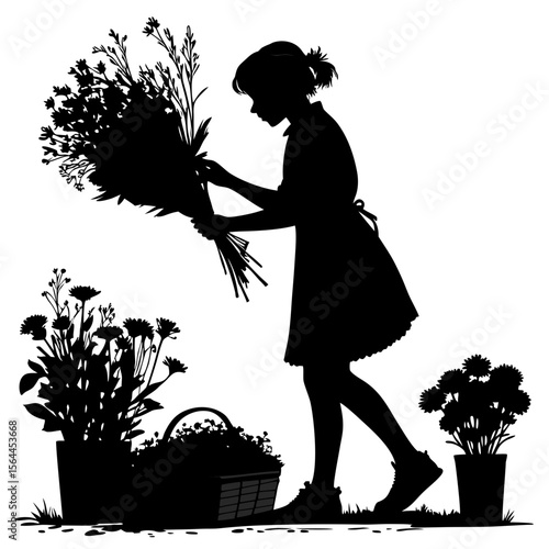 Fotografi Girl Silhouette Holding Flowers Basket Plants bouquet