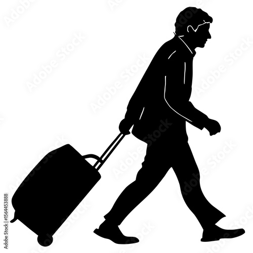 Man Walking with Rolling Suitcase Black Silhouette