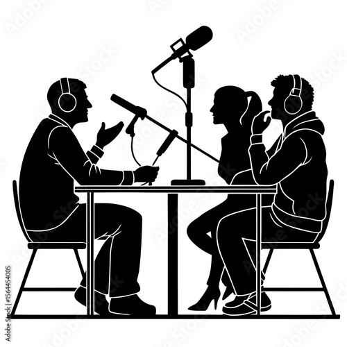 Black Silhouettes Three People Radio Interview Studio Microphones