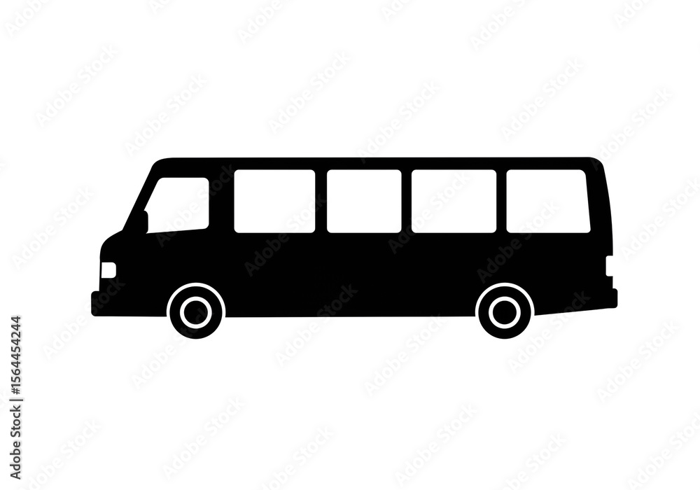 A black silhouette of a bus with multiple windows and two visible wheels on a white background A black silhouette of a bus with multiple windows and two visible wheels on a white background
