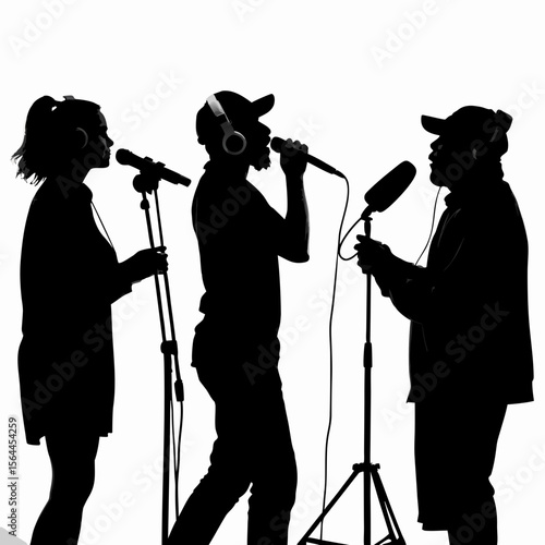 Three Singers Silhouettes Studio Recording Session Black Background 1
