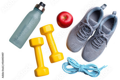 Fitness essentials including dumbbells sneakers water bottle apple and jump rope isolated on transparent background