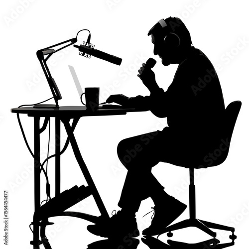Man Silhouette Radio Host Broadcasting Podcast Laptop Microphone