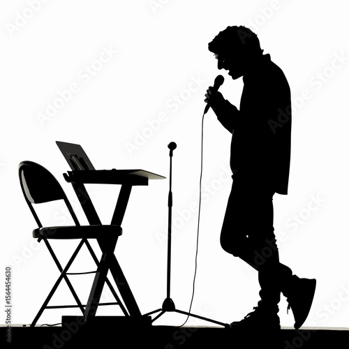 Silhouette of Singer Performing with Microphone and Laptop on Stand
