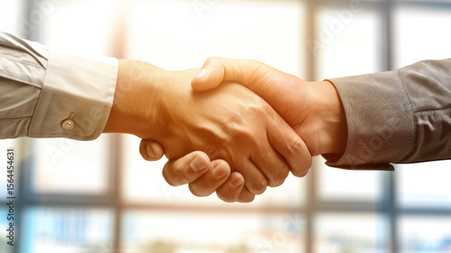 Two business professionals shaking hands in a modern office