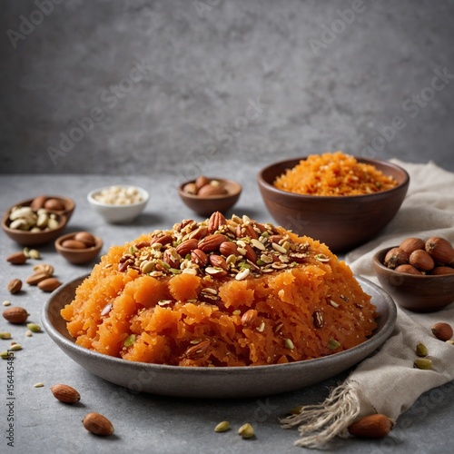 Gajjar ka halwa or carrot halwa with topping of nuts
