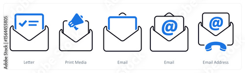 A set of 5 mix icons as letter, print media, email 