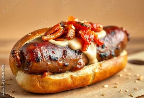 Gourmet sausage on a pretzel bun with kimchi and mayo