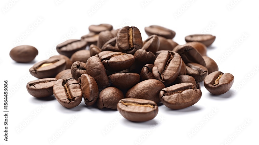 Naklejka premium Roasted brown coffee beans, isolated on a white background, form a dark, aromatic heap perfect for your morning espresso or mocha