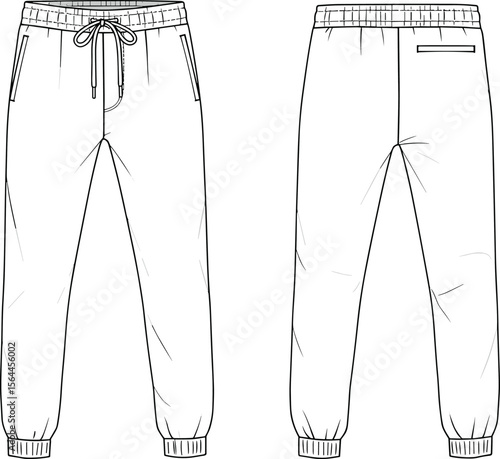 Men's jogger pants technical sketch, fashion flat vector, front and back CAD drawing, drawstring waist, ribbed cuff template