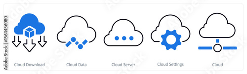 A set of 5 mix icons as cloud download, cloud data, cloud server