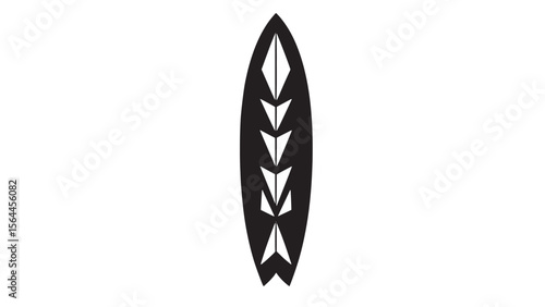 Stylized tribal patterned surfboard silhouette on a white background