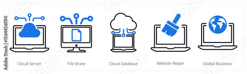 A set of 5 mix icons as cloud server, file share, cloud database