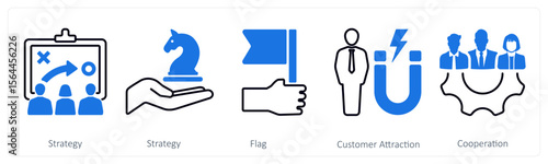 A set of 5 mix icons as strategy, flag, customer attraction