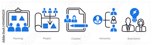 A set of 5 mix icons as planning, project, creative