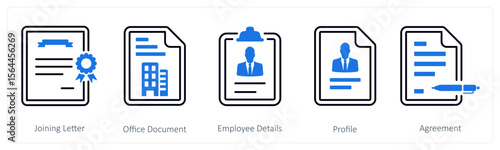 A set of 5 mix icons as joining letter, office document, employee details