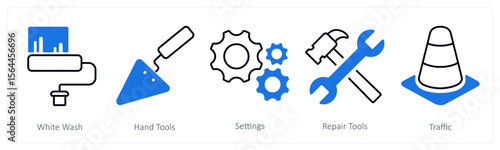 A set of 5 mix icons as white wash, hand tools, settings