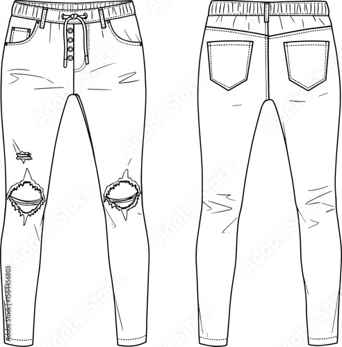 Skinny fit ripped denim jeans flat sketch with front button fly, drawstring waist and distress detail, technical fashion CAD drawing