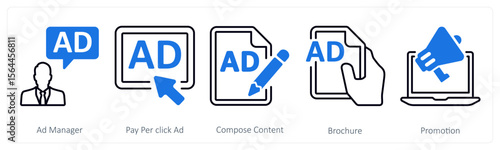 A set of 5 mix icons as ad manager, pay per click ad, compose content