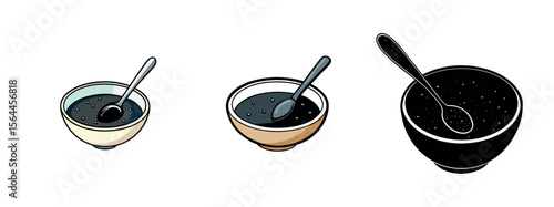 Black Silhouette of Acai Bowl with Spoon. Minimal Smooth Vector Design
