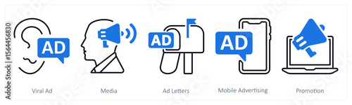 A set of 5 mix icons as viral ad, media, ad letters