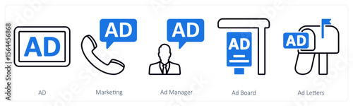 A set of 5 mix icons as ad, marketing, ad manager, ad board