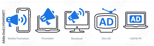 A set of 5 mix icons as mobile promotion, promotion, broadcast
