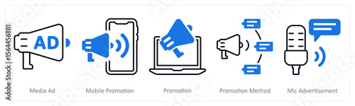 A set of 5 mix icons as media ad, mobile promotion, promotion