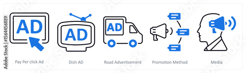 A set of 5 mix icons as pay per click ad, dish ad, road advertisement