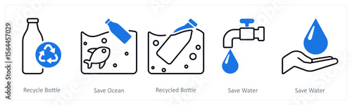 A set of 5 mix icons as recycle bottle, save ocean, save water