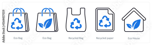 A set of 5 mix icons as eco bag, recycle bag, recycled paper