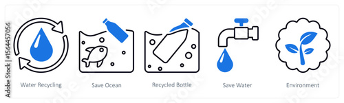 A set of 5 mix icons as water recycling, save ocean, recycle bottle