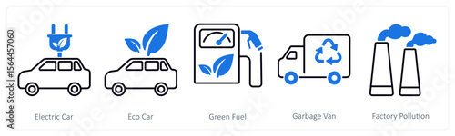 A set of 5 mix icons as electric car, eco car, green fuel