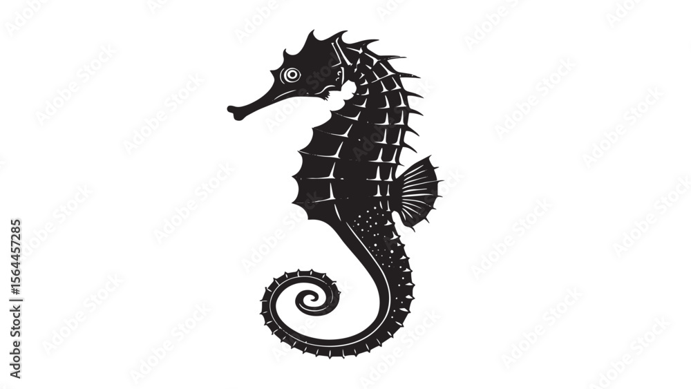 Fototapeta premium Detailed black silhouette of a seahorse with a curled tail and spiky dorsal fins on a white background