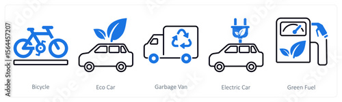 A set of 5 mix icons as bicycle, eco car, garbage van