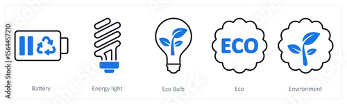 A set of 5 mix icons as battery, energy light, eco bulb