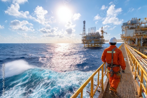 Worker in Safety Gear Observing Oil Platform During Sunset at Sea, Highlighting Offshore Industry and Energy Production with Dramatic Sky and Water Reflections