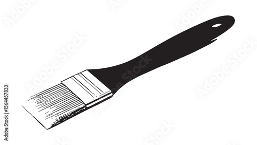 A black silhouette of a paintbrush with a long handle and bristles on a white background