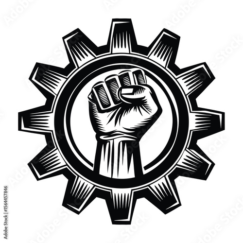 Black gear with clenched fist industrial power