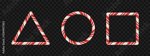 Red striped candy stick border with cute cartoon design for decoration or text. Oval, rectangle, and triangle frame in 3D style for xmas or new year. Vector.