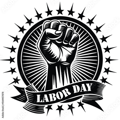 Clenched fist emblem stars ribbon raised fist labor
