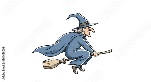 Illustrating a Whimsical Old Witch With a Long Nose Flying Through the Night Sky on Her Broomstick