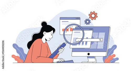 Illustrative representation of a person analyzing data on a computer screen using a magnifying glass for detailed examination and review