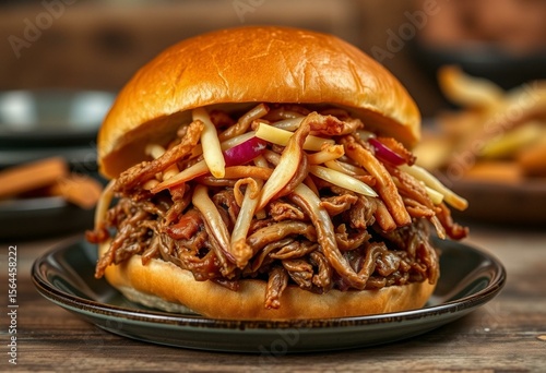 Slow-smoked pulled pork sandwich on brioche bun
