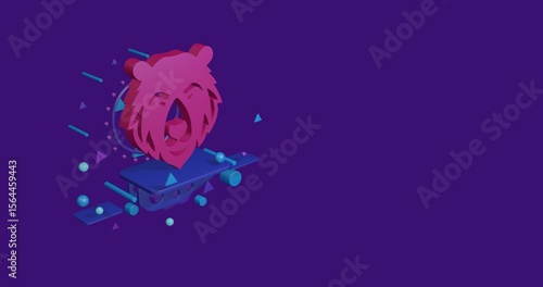 Pink bear head icon on a pedestal of abstract geometric shapes floating in the air. Abstract concept art with flying shapes on the left. 3d illustration on deep purple background