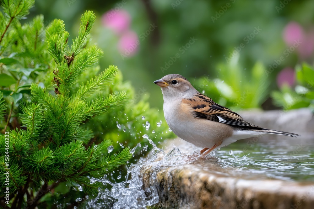 Naklejka premium Brambling splashing in a bird bath near a fir tree